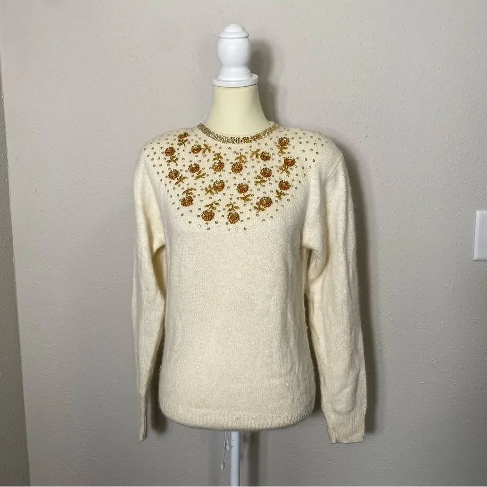 Worthington Vintage Silk, Angora & Lambswool Ivory Knit Sequin Sweater Women's M